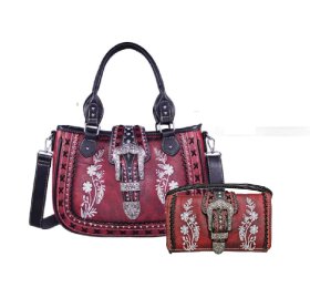 Red Premium Buckle Embroidery Concealed Carry Purse & Wallet Set Red Premium Buckle Embroidery Concealed Carry Purse & Wallet Set