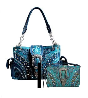 Turq Rhinestone Rivet Buckle Concealed Carry Purse & Wallet Set Turq Rhinestone Rivet Buckle Concealed Carry Purse & Wallet Set