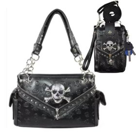 Black Western Concealed Carry Skull Concho Studded Purse & Phone Wallet Set Black Western Concealed Carry Skull Concho Studded Purse & Phone Wallet Set