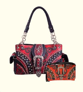 Red Rhinestone Rivet Buckle Concealed Carry Purse & Wallet Set Red Rhinestone Rivet Buckle Concealed Carry Purse & Wallet Set