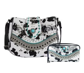 Black Western Concealed Carry Purse With Cow Print Embroidery and wallet Black Western Concealed Carry Purse With Cow Print Embroidery and wallet