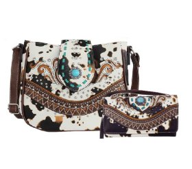 Brown Western Concealed Carry Purse With Cow Print Embroidery and wallet Brown Western Concealed Carry Purse With Cow Print Embroidery and wallet