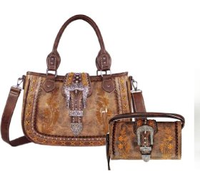 Brown Premium Buckle Embroidery Concealed Carry Purse & Wallet Set Brown Premium Buckle Embroidery Concealed Carry Purse & Wallet Set