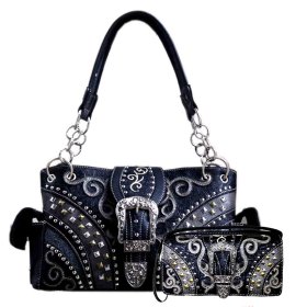 Black Rhinestone Rivet Buckle Concealed Carry Purse & Wallet Set Black Rhinestone Rivet Buckle Concealed Carry Purse & Wallet Set