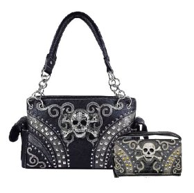 Black Western Concealed Carry Skull Concho Studded Purse & Wallet Set Black Western Concealed Carry Skull Concho Studded Purse & Wallet Set