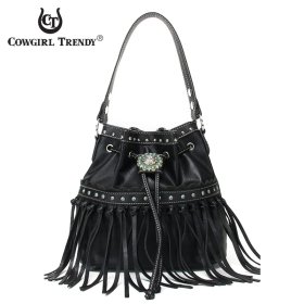 Black Western Cowgirl Fringe Accented Bucket Hobo HandBag Black Western Cowgirl Fringe Accented Bucket Hobo HandBag