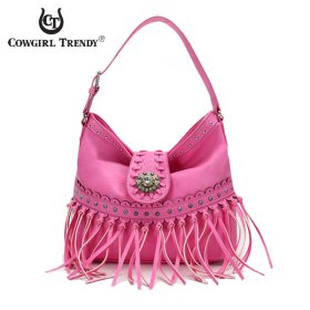 Pink Western Cowgirl Fringe Accented Bucket Hobo HandBag Pink Western Cowgirl Fringe Accented Bucket Hobo HandBag