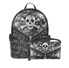 Black Concealed Carry Skull Concho Studded Backpack & Wallet Set Black Concealed Carry Skull Concho Studded Backpack & Wallet Set
